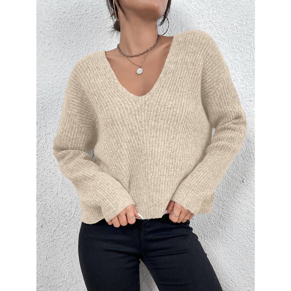 V neck Drop Shoulder Ribbed Knit Sweater black oversized - Picture 6 of 8